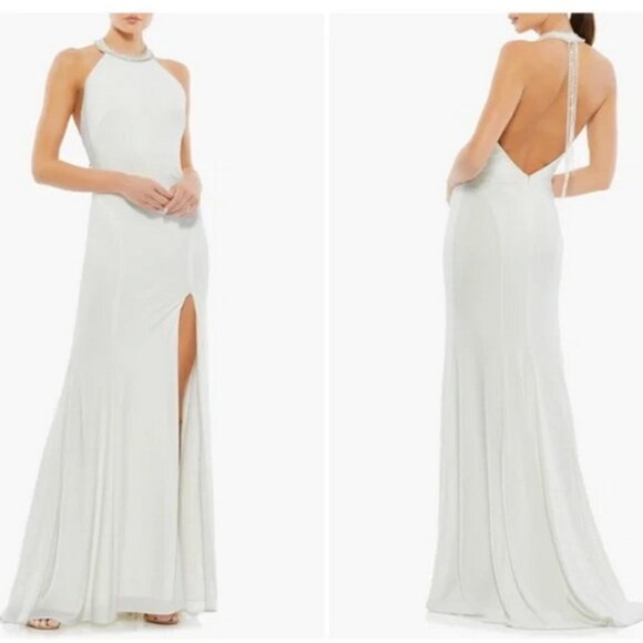 Ieena Mac Duggal White Beaded Halter Neck Side Slit Gown